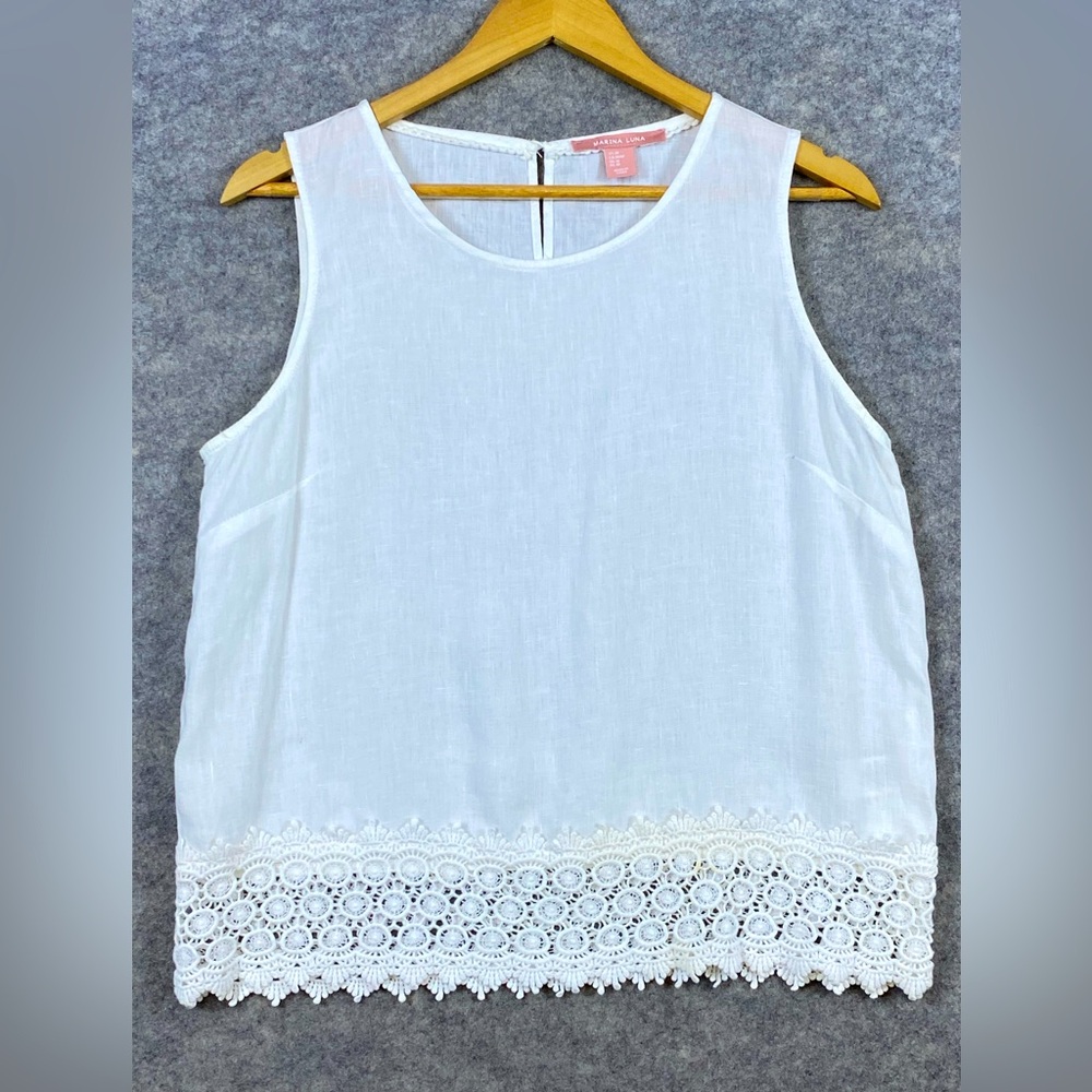Marina Luna 100% Linen Tunic‎ Top Size M White Crochet Lace Beachy Boho Chic